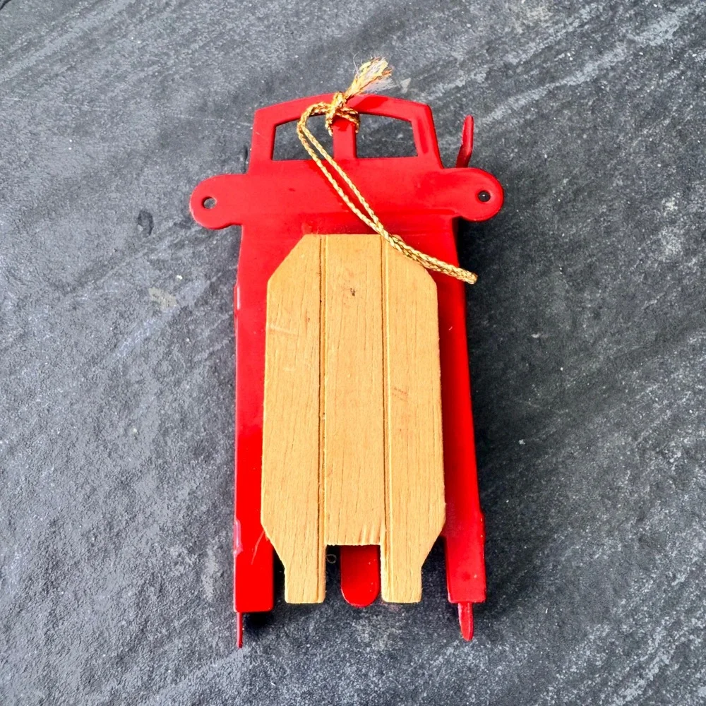 Russ Berrie Red Metal Sled Christmas Ornament Wooden Seat Holiday Decor